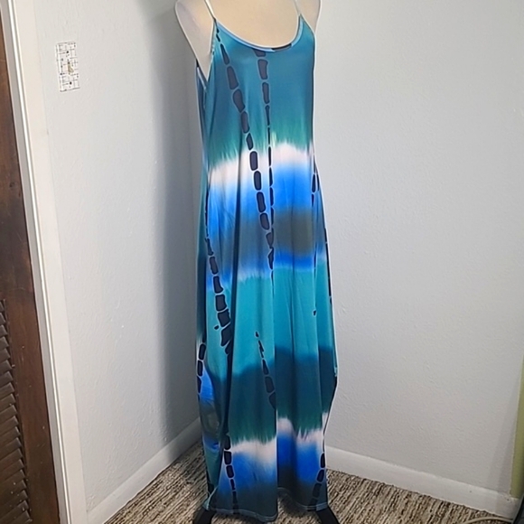 Shein Shades of Blue, White Maxi-Dress OS Pockets, Spaghetti Straps Size 12 NWOT - Picture 3 of 11